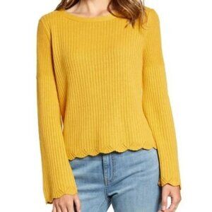 Rachel Parcell Mustard Bell Sleeve Scalloped Sweater M NEW